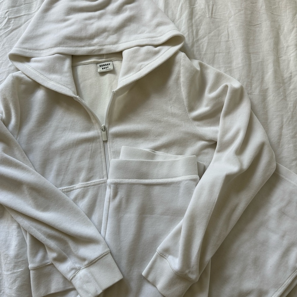 Sunday best aritzia kiera sweater and pant velvet track suit set in white